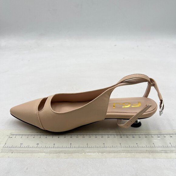 FSJ Nude Low Heel Ankle Strap Pumps Pointed Toe Slingback Sandal Elegant Shoes - Picture 2 of 8